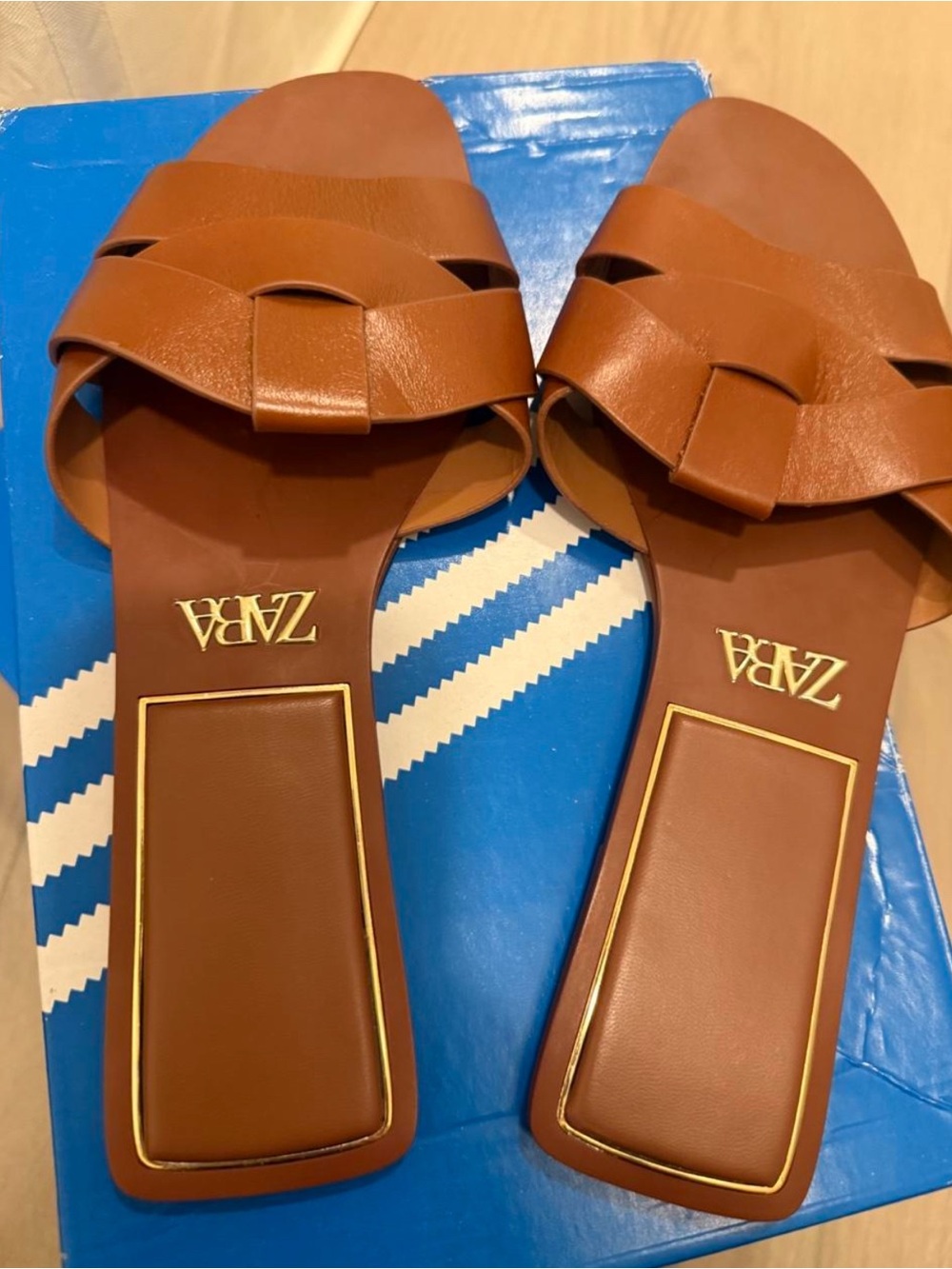 ZARA Tan Brown Leather Slide Sandals with Knotted Strap - Picture 2 of 3